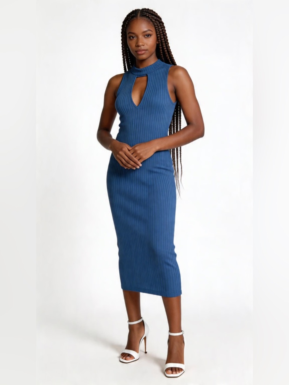 LOVE ARI | Sleeveless Blue Ribbed Body Con Midi Dress with Front Keyhole Sz M